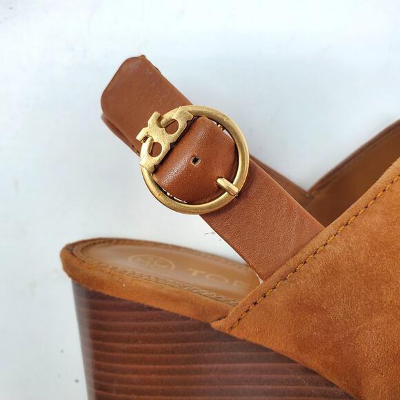 Tory Burch Selby 75MM Block Heel Sandals Silk Suede Ambra Tan 64760 Size 8.5 M - Picture 12 of 13